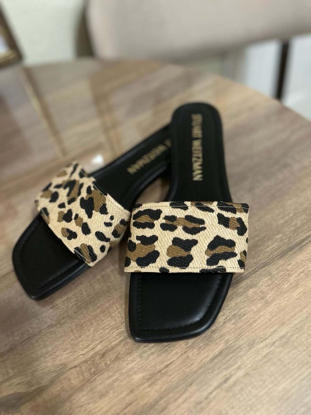 Stuart Weitzman Leopard Print Square Toe Slide Sandals